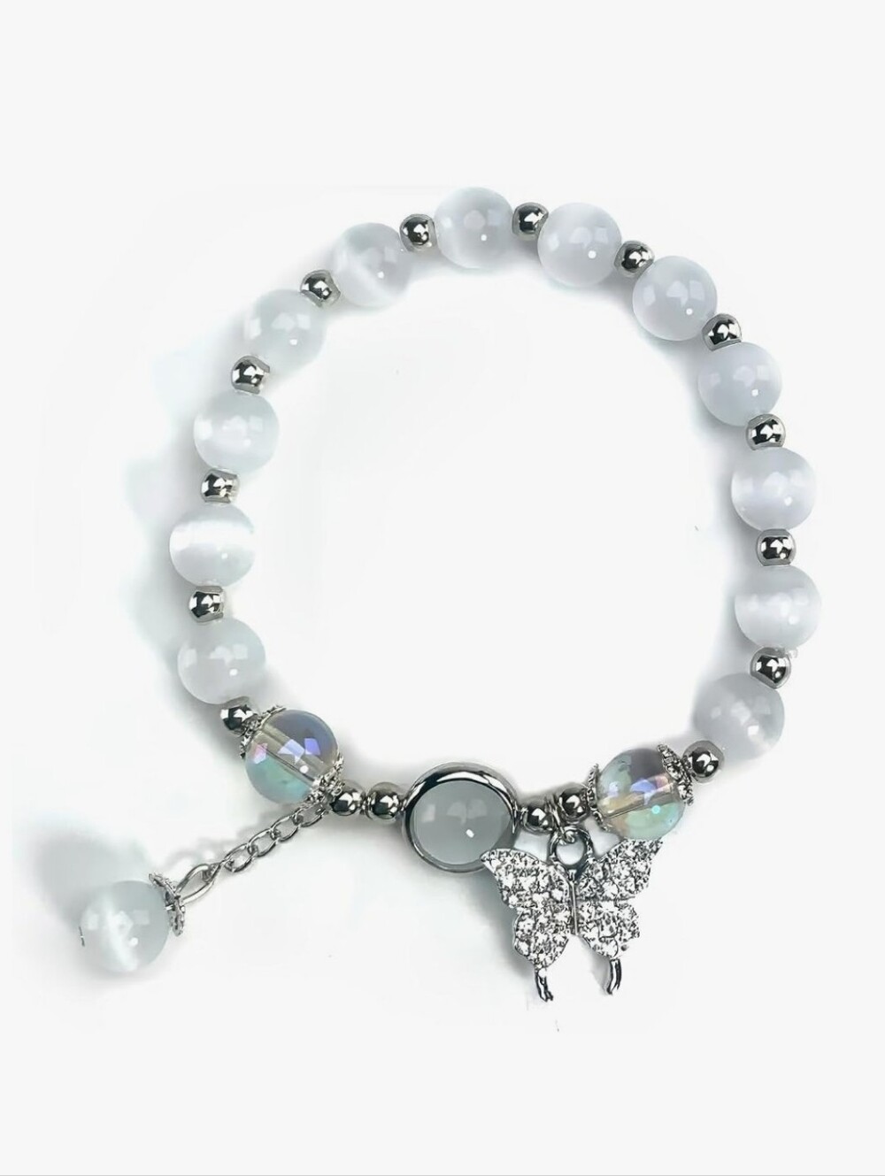 Womens Silver Rhinestone Butterfly Charm Glass Moonstone Beaded Elastic Bracelet